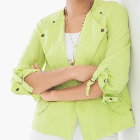 Chicos Easy Linen Jacket Chartreuse Green Open Drape Front Roll Tab Sleeve - Picture 6 of 12
